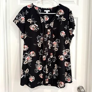 croft & barrow Black Floral Blouse with Pink & Cream Accents